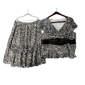 Dorby Woman Skirt Set Animal Print Chiffon Lined  Brown Y2K 90s Split Sleeve 18W